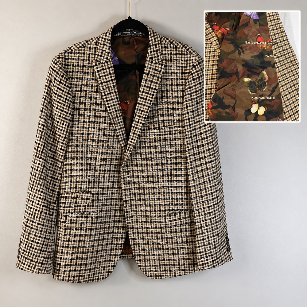 Paisley & Gray Men 46R Skinny Fit Houndstooth Blazer Brown Camo Butterfly Lining